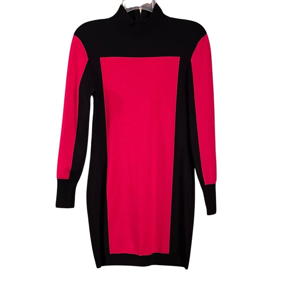 BALMAIN x H&M Black Red Two-Tone Colorblock Knit Mock Neck Zip Up Mini Dress  10